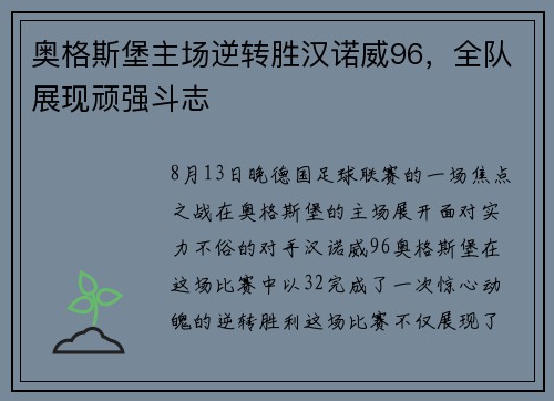 奥格斯堡主场逆转胜汉诺威96，全队展现顽强斗志