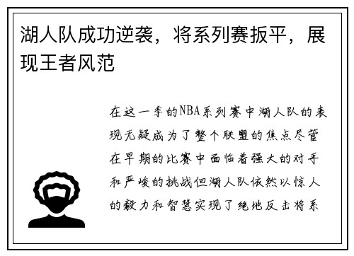 湖人队成功逆袭，将系列赛扳平，展现王者风范